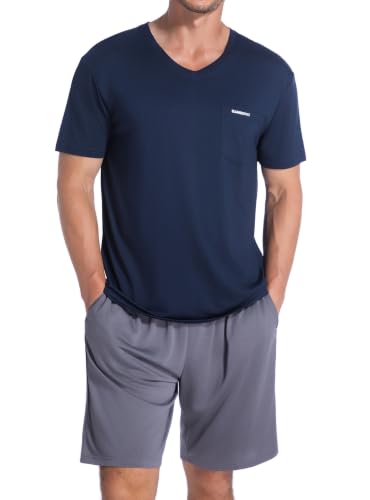 Image of SlumberMee Mens Cooling Pajamas Set Soft Bamboo-like Viscose Short Sleeve Sleepwear 2 Piece Lounge Set for Hot Sleepers