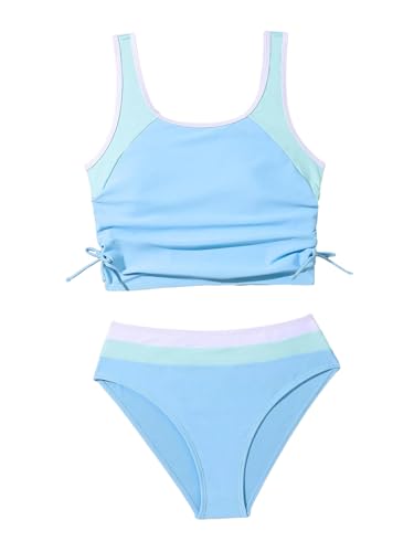Image of SweatyRocks Girl's 2 Piece Bathing Suit Colorblock Ruched Scoop Neck Drawstring High Waist Bikini Swimsuit Blue 16Y