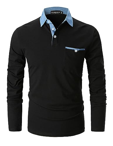 KUNJLELP Polo col Chemise Homme Manches Longues avec Col en Denim avec Poche Slim Coton Polo de...