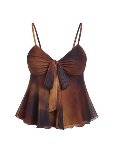 SOLY HUX Women's Plus Size Bow Tie Cami Tops Tie Dye Ruffle Mesh Spaghetti Strap Babydoll Shirt Summer Outfits