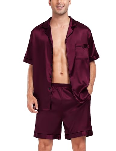 Image of SWOMOG Men Satin Silk Pajamas Sets Short Sleeve Sleepwear Button-Down PJs Sets Two-Pieces Loungewear with Pockets