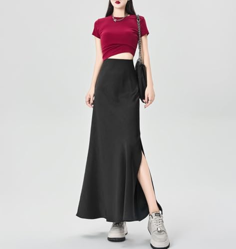Women's Side Slit Long Skirt Elastic Waist Slim Fit Hip Light Casual Flowing Hem Satin A-Line Skirts2