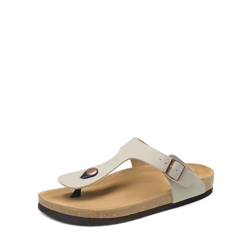 Image of DREAM PAIRS Arch Support Thong Sandals for Women Casual Leather Flip Flops Dressy Slides with Soft Cork Footbed Adjustable Strap for Summer Beach Vacation