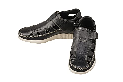 CALTO Men's Invisible Height Increasing Elevator Shoes - Black Premium Leather Lightweight Fisherman Sandals - 2.8 Inches Taller - K2132 - Size 9 D(M) US4