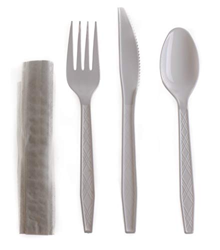 [250] Disposable Wrapped White Heavy Duty Cutlery Kit 4 in 1 - Fork/Spoon/Knife/Napkin - Disposable Cutlery Kit, Perfect for Lunch, Meal Prep, On the Go, To go, Catering and Restaurants