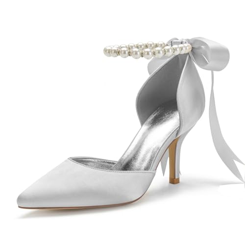 Image of Women's Pearl White Wedding Shoes for Bride High Heels Pointed Toe Bridal Shoes Satin Prom Party Dress Pumps Sandals