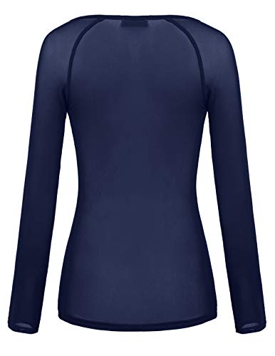 Kate Kasin Sheer Long Sleeve Top Mesh Shirts for Women(XL,Navy)