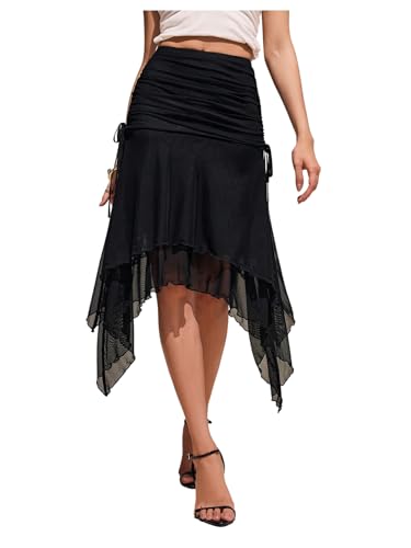 Women's Flowy Asymmetrical Skirt High Waisted Mesh Ruched Flared Midi Skirt Y2k Bodycon Coquette Skirts