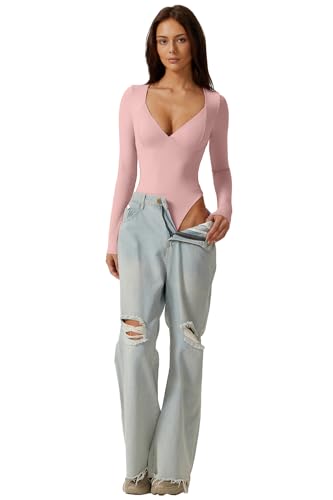 Image of QINSEN Women's Long Sleeve Bodysuit V Neck Body Suits Seamed Cup Going Out Tops Shirt