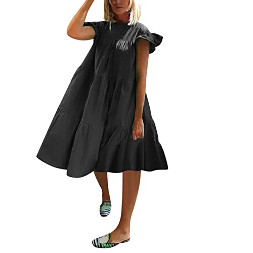 Faldas Midi Otoño Mujeres Verano Vestido Casual de Manga Corta Elegante Cuello Redondo Color sólido Vestidos Frescos Casual Vestido de Playa Vestidos Niña Princesa (Black, XL)