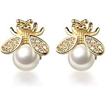 Reffeer Solid 925 Sterling Silver Bumble Bee Stud Earrings for Women Teen Girls Honey Bee Stud Earrings Pearls