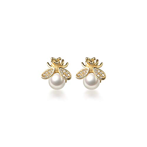 Image of Reffeer Solid 925 Sterling Silver Bee Earrings Stud for Women Earrings Small Cute Earrings Freshwater Pearl Bee Earrings (B-18K Gold Plated)