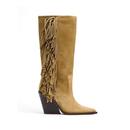 Suede Fringe Cowboy Boots for Women Pointed Toe Western Boots Chunky Low Heels Pull On Knee High Cowgirl Boots Dressy Wide Calf Fashion Casual