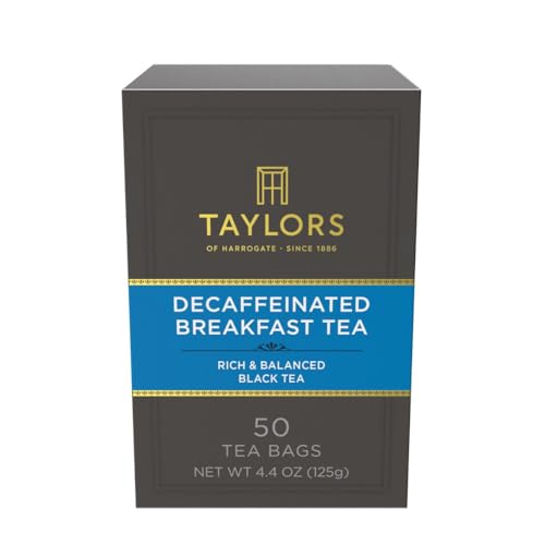 Image of Taylors of Harrogate Decaffeinated Breakfast, Black Tea, Pillow Bags, 50 Count, (Pack of 1) Rich, Bright & Balanced, Decaffeinated, Enjoy Hot or Iced, 50 Teabags