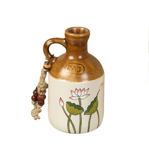 Image of AAKRITI ART CREATIONS Ceramic Planter Bottle | Pichhwai Art, Off-White Glossy Finish | Decorative Vase for Home Decor | Flower Pot & Tabletop Decor for Living Room