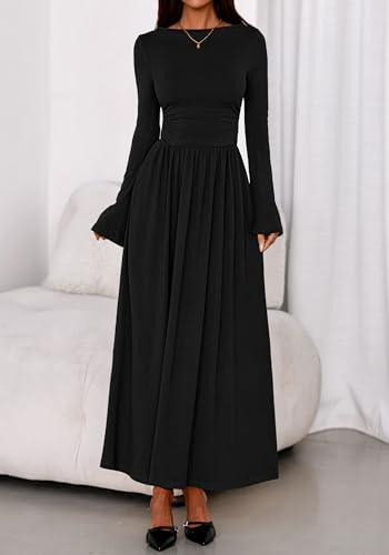 BTFBM Long Sleeve Maxi Dresses for Women 2025 Fall Casual Ruched Boat Neck Flowy Elegant Formal Wedding Guest Dress2