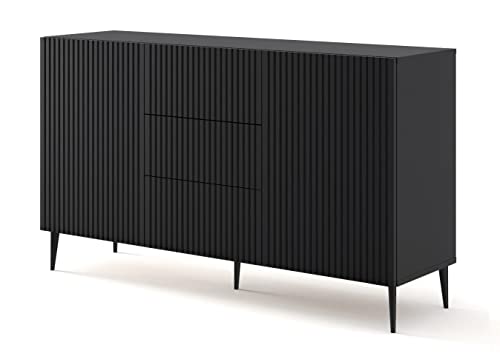 BIM Furniture Kommode Ravenna B 2D3S 150 cm mit gefräster Front Hochwertiges MDF, Sideboard, Buffet auf Schwarze Metallstiftbeinen, 2 Schränke, 3 Schubladen Schwarz Matt