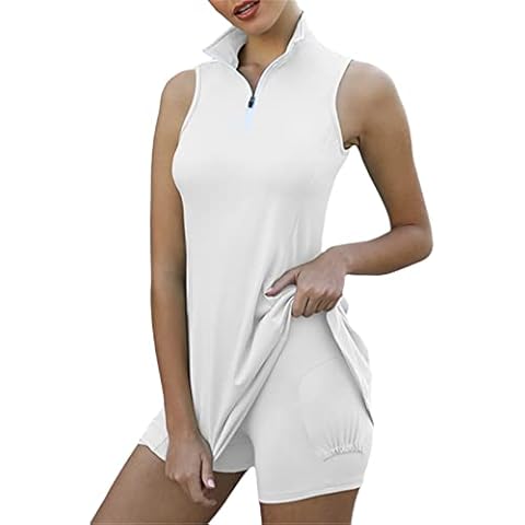 RICHBA Women's Club Tennis Dress with Shorts Set Zipper Collar Sleeveless Athletic GolfPolo Dress Skort with Pockets and Booty Shorts (White, Small) Cover