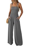 Lepunuo Jumpsuits for Women Casual One Piece Overalls Smocked Wide Leg Long Rompers With Pockets Beach Vacation