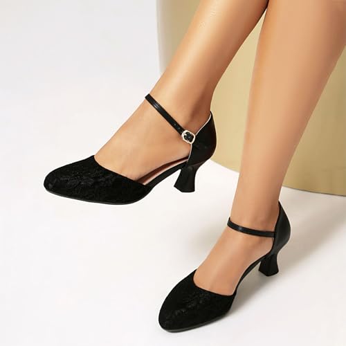 Bellirala Womens Lace Flower Heels Cute Retro Rockabilly Shoes Low Kitten Heels Mary Janes Ankle Strap Vintage Cosplay Shoe Elegant Dress Dance Pumps4