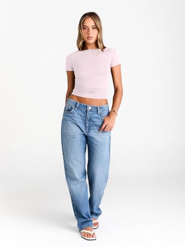 Image of Trendy Queen Womens Boat Neck Tops Short Sleeve Shirts | Compression Basic Tops,Y2K Aesthetic Slim Fit,Professional Business Casual, Polished Teacher Outfits