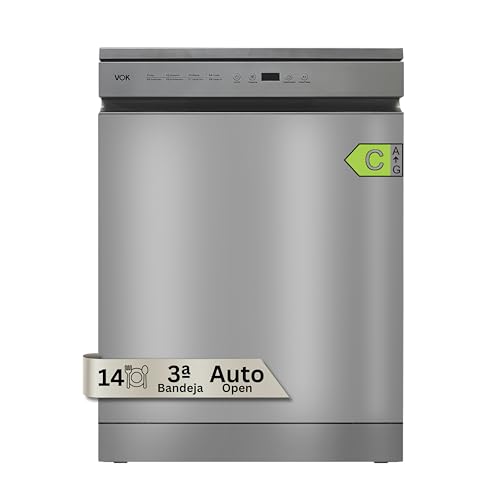VOK Lavavajillas 60 cm Instalación Incluida 14 Cubiertos – Clase C, 3ª Bandeja, 8 Programas, 47 dB Silencioso, Apertura Automática, Media Carga, Cesta Ajustable, Plateado