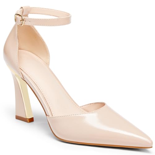 Juliet Holy Womens Pumps Point Closed Toe Heels Buckle Ankle Strap D'Orsay Heeled Sandals Nude