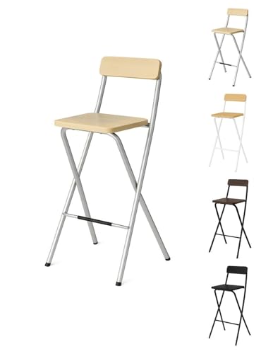 Jardin202 - Taburete Plegable Alto de Metal Extra Grueso con Reposapies para Cocinas y Bar | Silla con Respaldo Resistente | Unidad (Plata/Haya)