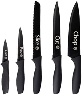 MasterChef Knife Set of 5 Kitchen Knives for Cooking (Paring, Utility, Bread, Carving & Chef Knives), Professional Sharp Stainless Steel, Non Stick Blades & Soft Touch Handles, Black, 5 Piece