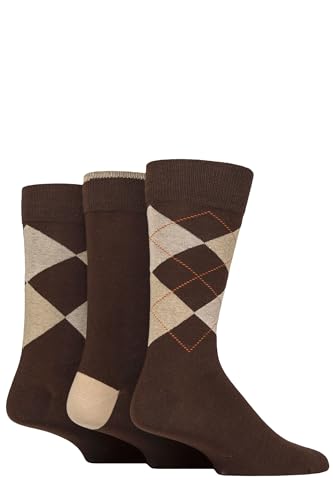 Glenmuir Mens 3 Pair Cotton Socks New Waverley Argyle & Plain Soft Breathable for Work & Dress Wear Comfortable Everyday Fit Classic Patterned Style Size 7-11 Brown