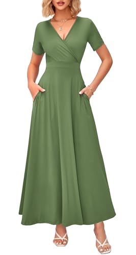 Image of WNEEDU Women's Summer Maxi Dress Short Sleeves Wrap V Neck Long Dresses with Pockets
