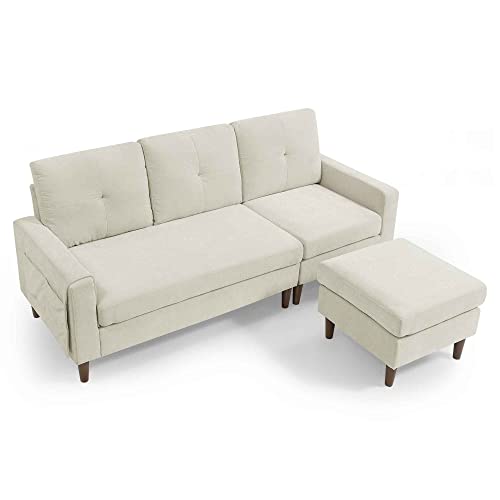 Aty Sof Convertible Sectional Sofa With Removable Ottoman And Cushions, 3 Seats L-Shape Chenille Couch W/Pocket & Rubber Wood Legs, Perfect For Livingroom, Aapartment, Small Space, 80", Beige #TOP5