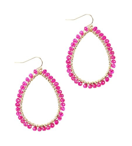 Bohemian Beaded Teardrop Dangle Earrings Colorful Lightweight Hollow Sparkly Crystal Earrings Gold Wire Wrapped Faceted Glass Beads Statement for Women Boho Jewelry Gifts-Hot pink