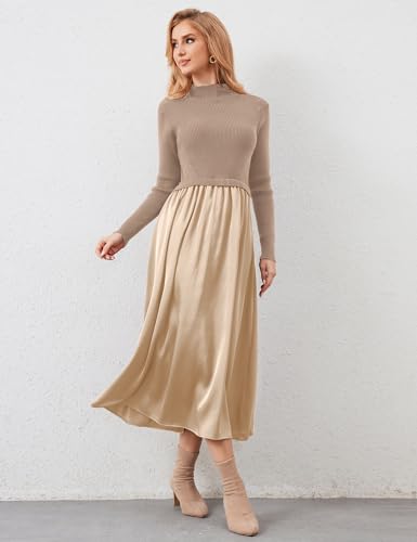 Women Long Sleeve Sweater Maxi Dress Patchwork Slim Fit Flowy Long Dresses Casual A-Line Knit High Neck Dress Fall2