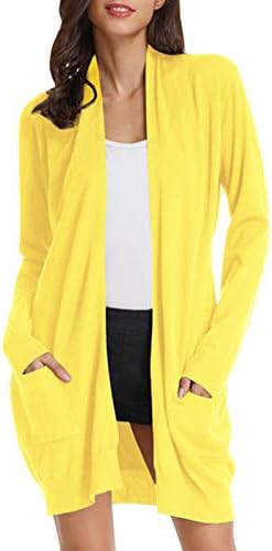 Open Front Casual Knit Long Sleeve Sweater Classic Cover up Cardigan (L,Lemon Yellow)