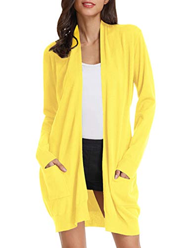 Open Front Casual Knit Long Sleeve Sweater Classic Cover Up Cardigan (L,Lemon Yellow) #TOP1