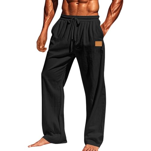 Linen Pants Mens Casual Linen Loose Fit Straight-Legs Elastic Drawstring Waist Summer Beach Yoga Long Pants3