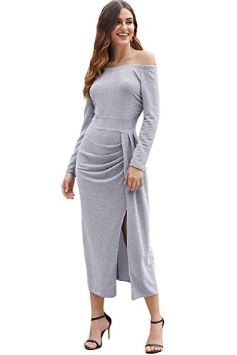 Ouregrace Womens Off Shoulder Metallic Glitter Ruched High Slit Evening Party Cocktail Dress (Grey, (US 4-6) S)