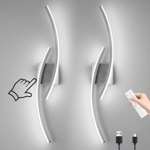 Image of Battery Operated Wall Sconce Set of 2,Brushed Nickel Wall Sconces with Remote Control,3000K-6000K Modern LED Wireless Wall Light for Living Room, Hallway, Bedroom, 31.89 Inch (2 Pack)
