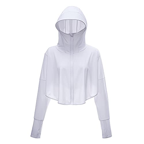 OMTONGXIN Damen Rashguards UPF 50 + UV-Schutz Hoodie-Jacke, langarmes schnelles trockenes Hemd for laufende Angelwanderung Running-Jacken für Damen (Color : White, Size : ONE Size) Cover