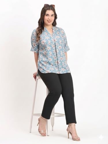 Image of SINDOORI Relaxed Fit Tops for Women Plus Size Solid Printed Mandarin Collar, Band Collar, V-Neck Top, Half Sleeve Loose Fit