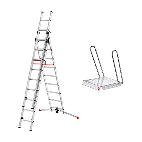 Hailo S100 ProfiLOT 3-teilige Alu-Kombileiter mit LOT-System | gleicht Unebenheiten aus | 2 x 9 + 1 x 8 profilierte Sprossen belastbar bis 150 kg | inkl. Einhängetritt | Leiter rostfrei | silber Cover