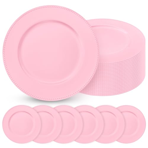 Teruntrue 24 Pcs Pink Charger Plates with Beaded 13 Inch Plastic Charger Plates for Dinner Plate Pink Chargers for Table Setting Round Chargers Plate for Wedding Party Holiday Event Tabletop Decor