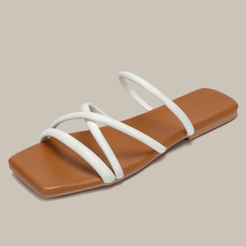 Image of Women's Flat Sandals Strappy Square Open Toe Slide Sandals Dressy Comfortable Wide Feet Friendly