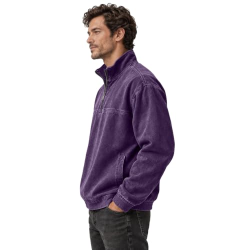 Men's Denim Shirt Washed Vintage 1/4 Zip Pullover Shirt with Pockets - image 6