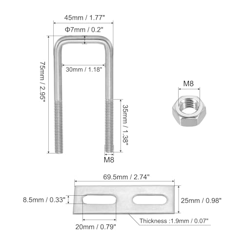 Image of PATIKIL M8x30x75mm Square U-Bolts Kit, 2Set 304 Stainless Steel Square U Shaped Bolts Replacement Parts with Frame Plates and Nuts for Ski Board Sailboat Trailer