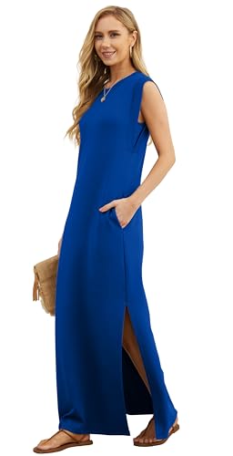 Image of GRECERELLE 2026 Women Year-Round Casual Round Neck Loose Split Wrinkle-Free Long Maxi Vacation Dress with Pockets (XXS-4XL)