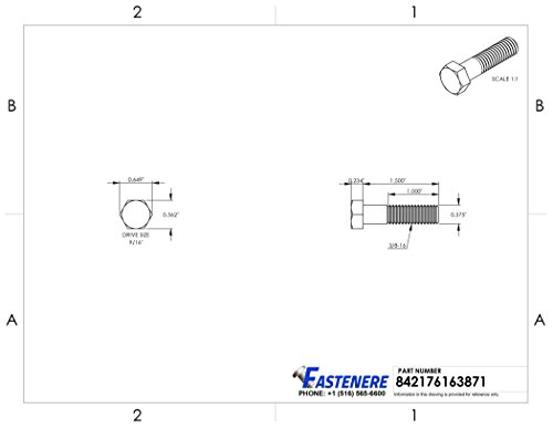 Image of 3 /8-16 x 1-1 /2 inch Hex Head Cap Screw Bolts, External Hex Drive, Stainless Steel 304, Partially Threaded, Stainless Steel, Quantity 10