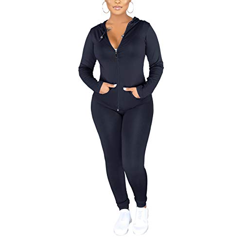 Echoine Two Piece Outfits For Womens - Long Sleeve Zipper Hoddies Bodycon High Waist Sweatsuit Tracksuit Clubwear Black #TOP2