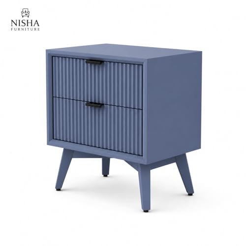 Image of Wooden Bedside Table for Bedroom | Wooden Bed Side Nightstand Lamp Table with 2 Drawers for Home & Hotels | End Side Table for Living Room | HDMR Premium Wood in Fluted- Grey Finish